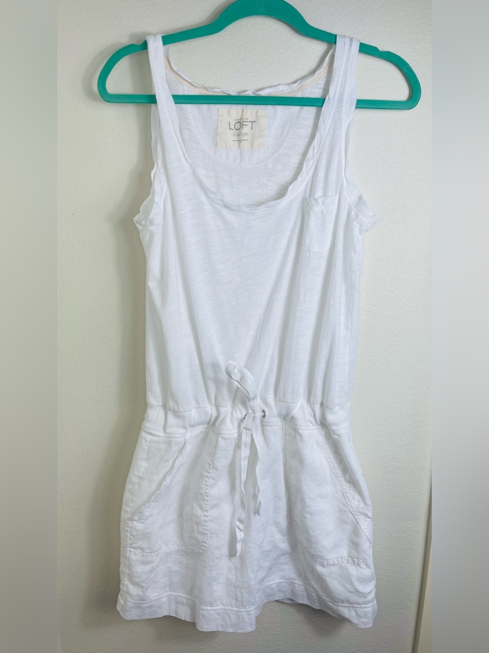 LOFT Lounge White Sleeveless Tank Dress Drawstring Waist Pockets
